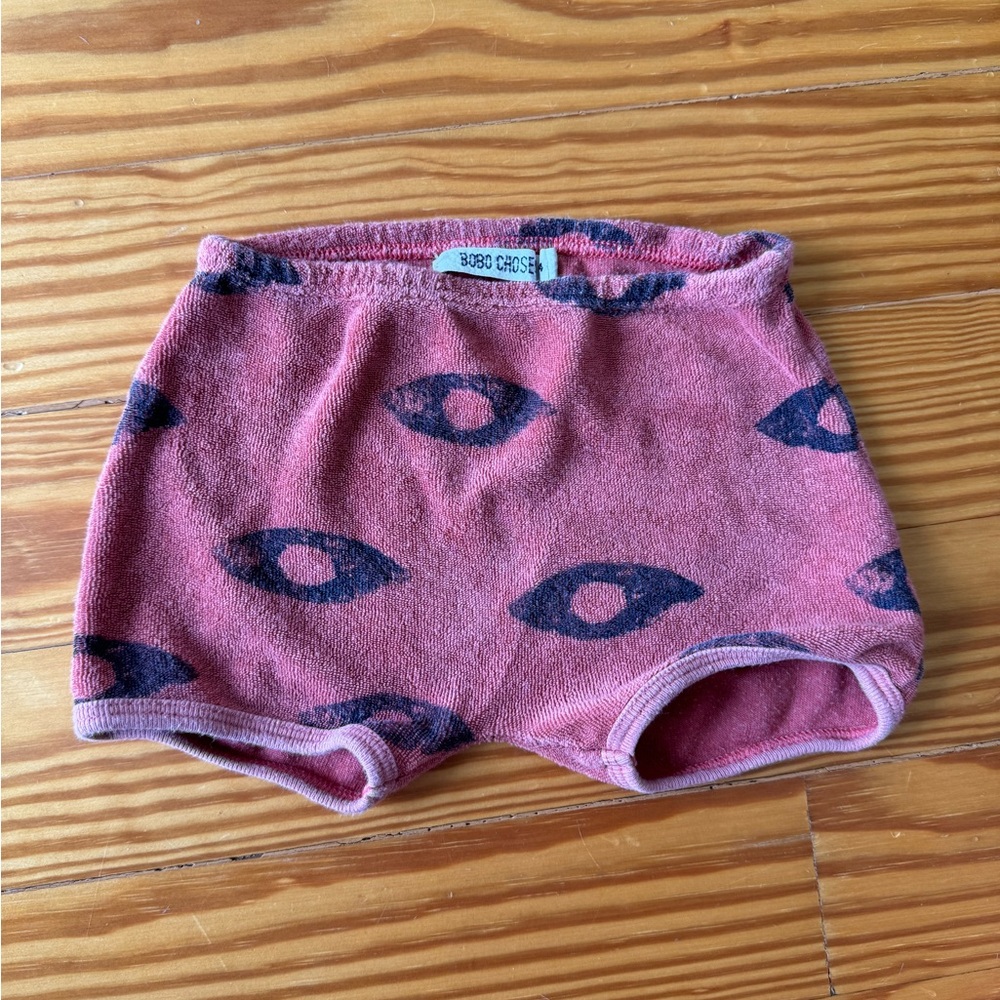 Bobo Choses pink terry cloth with navy eye print shorts. Size: 18-24 months